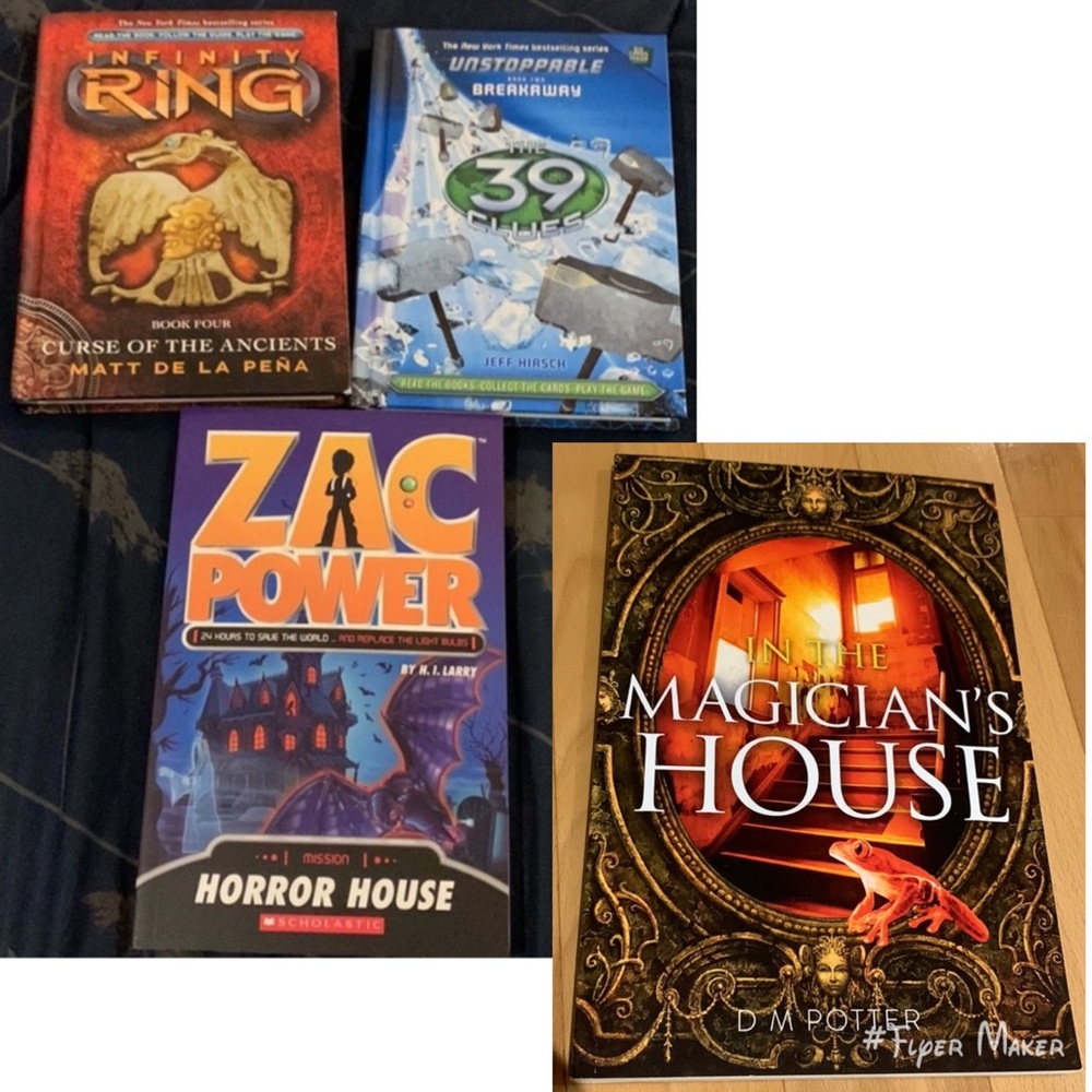 4 EUC Mystery Books-Infinity Ring, The 39 Clues, Zac Power & Magician’s House